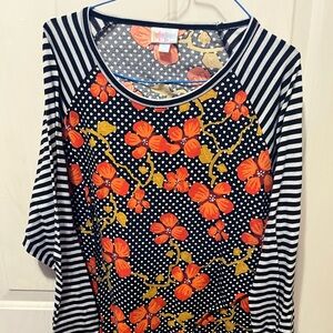 LuLaRoe Black Top with Orange & Gold Floral and Black-and-White Stripes